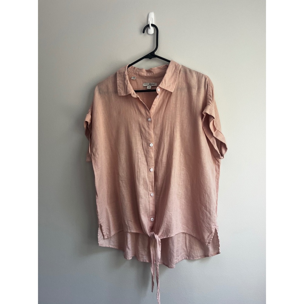 Jachs Girlfriend Pink Linen Blend Short Sleeve Tie Front Button Down Shirt L